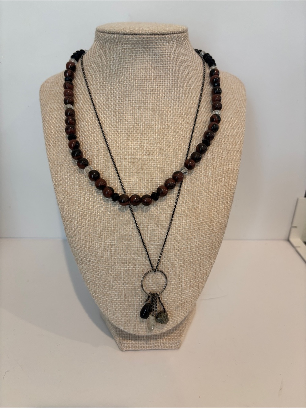 Lot of 2 Boho Layered Necklaces – Earthy Gemstone Beads & Chain Charm Pendant